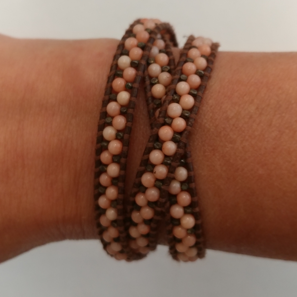 Chan Luu 3 Wrap Brown Leather Pink Bead Bracelet